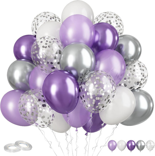 FunHot Silver and Purple Balloons, 60Pcs 12 Inch Metallic Silver Confetti and White Latex for Girls Women Birthday Wedding Baby Shower Party Decorations