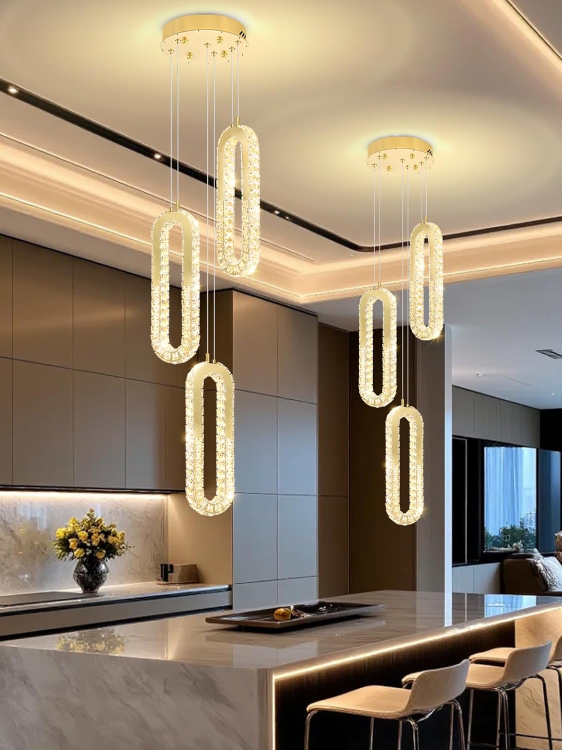 Modern Pendant Light for Kitchen Island Crystal Ring Chandelier Gold LED Pendant Lighting Fixture for Dining Room Kitchen Living Room Foyer Hallway Bedroom