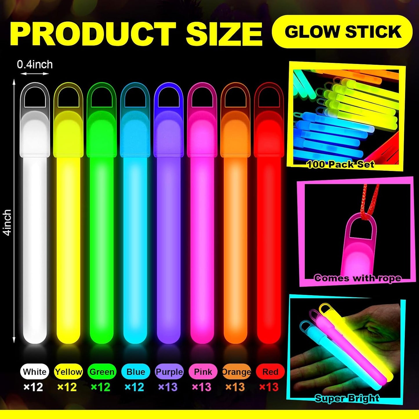 Lewtemi 4" or 6" 100 Pack Bright Glow Sticks Bulk, Glow in The Dark Party Supplies Birthday and Holidays Party Favors