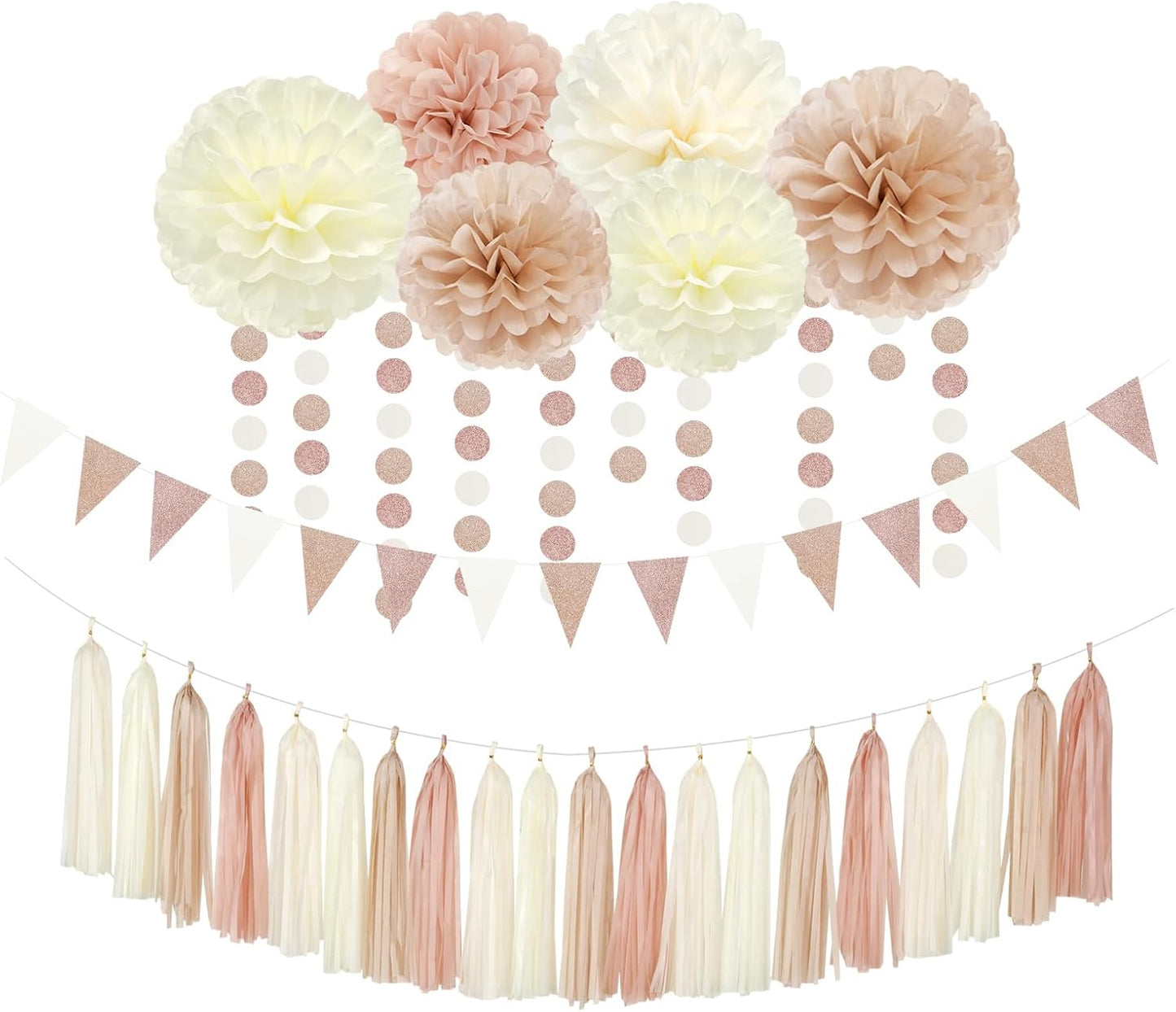 Champagne-Gold Beige Boho Baby-Shower Party-Decorations - 23pcs Fall Rustic Neutral Bridal Wedding Paper Tissue Pom Poms Streamers,Retro Tassel Garland,Girl Birthday Banner Decor Lasting Surprise