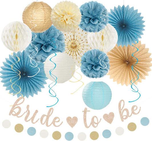 Beige-Champagne-Blue Boho Bachelorette Party-Decorations - 21pcs Women Bridal Shower Banner Garland,Bride To Be Paper Streamers Lanterns,Flower Tissue Pom Poms Fan Favors Wedding Decor Huglony
