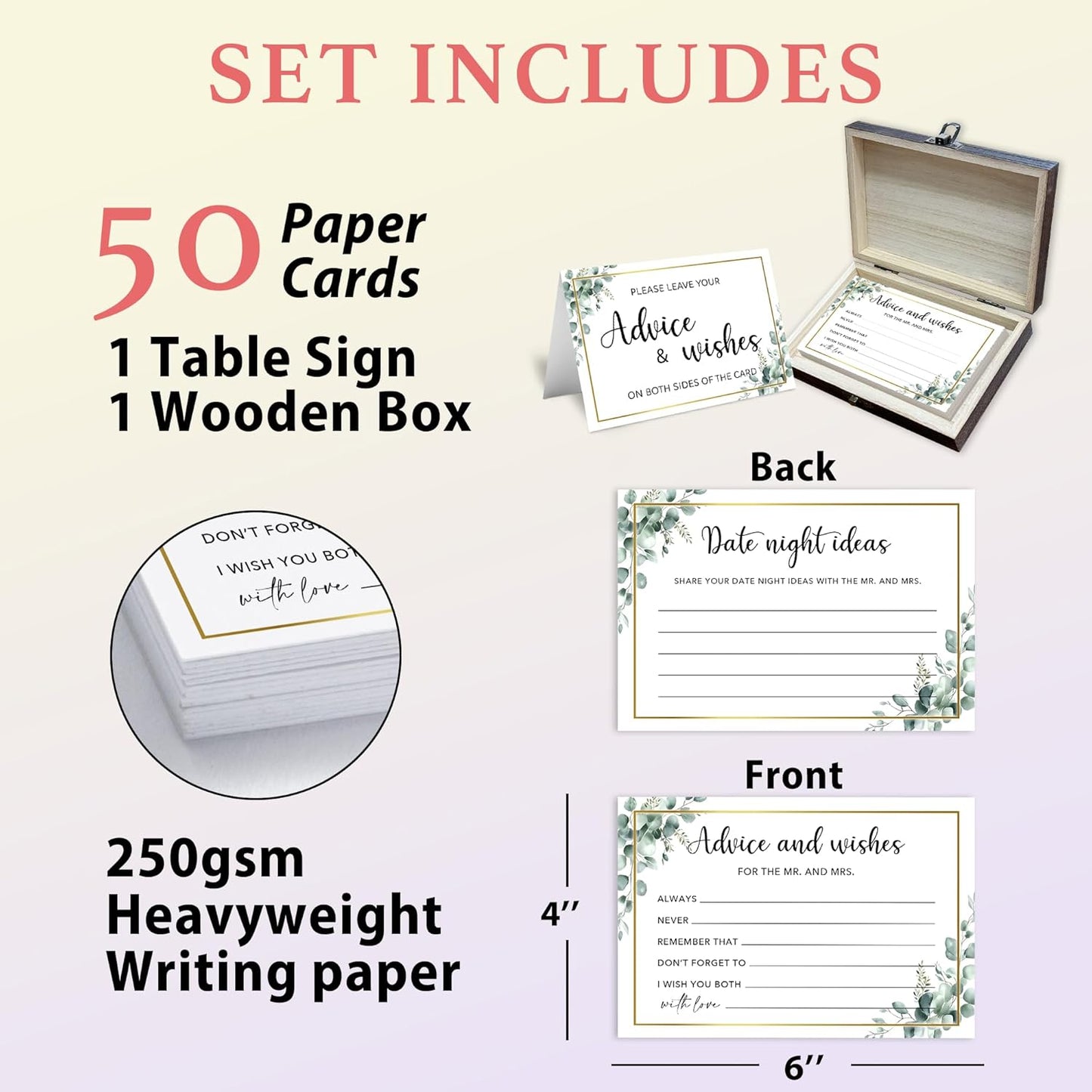 50 Pcs Advice and Wishes for the Mr and Mrs Cards in Box - Bridal Shower Guest Book - Perfect for Newlywed Games, Reception Decor, Engagement Parties & Anniversary Wishes(Greenery) -B09