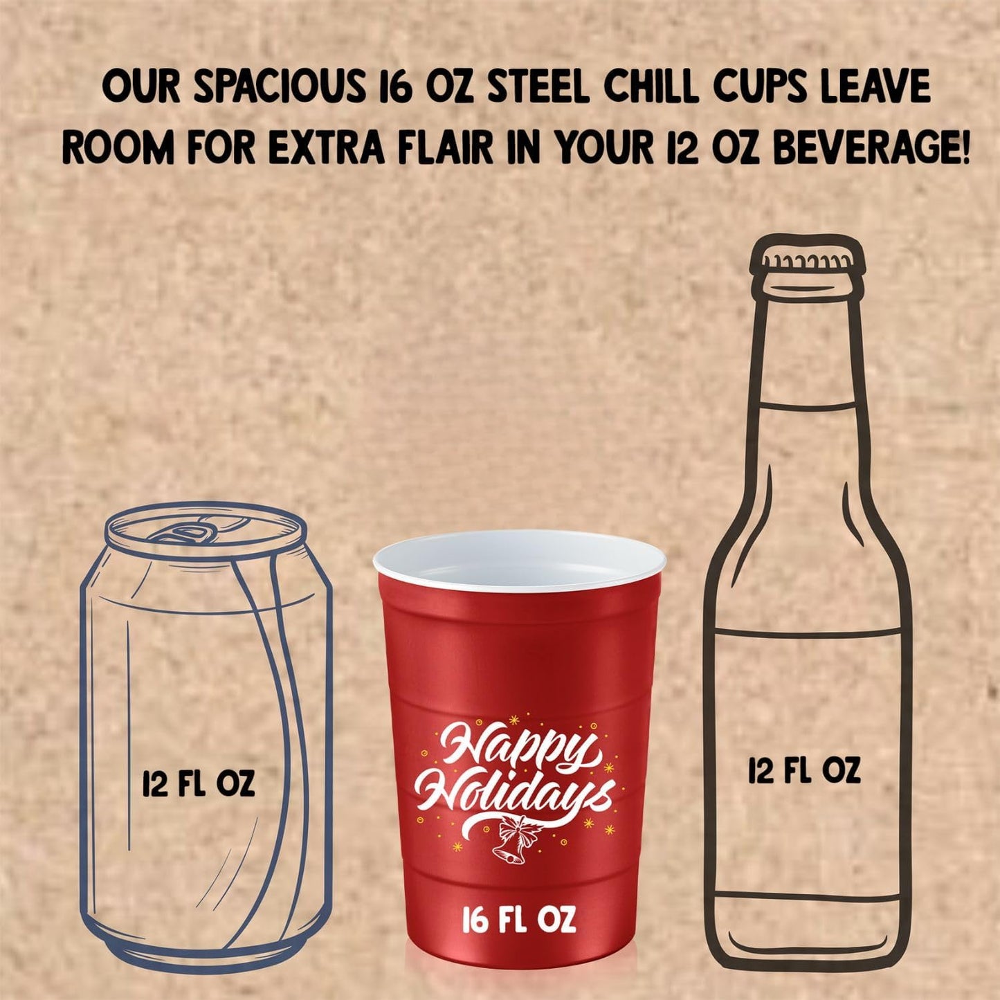 16 oz. Party Cups 'Happy Holidays' Christmas Tree Design for Cold Drinks, Durable, Disposable, Recyclable, Made in USA, Red, 12 Count