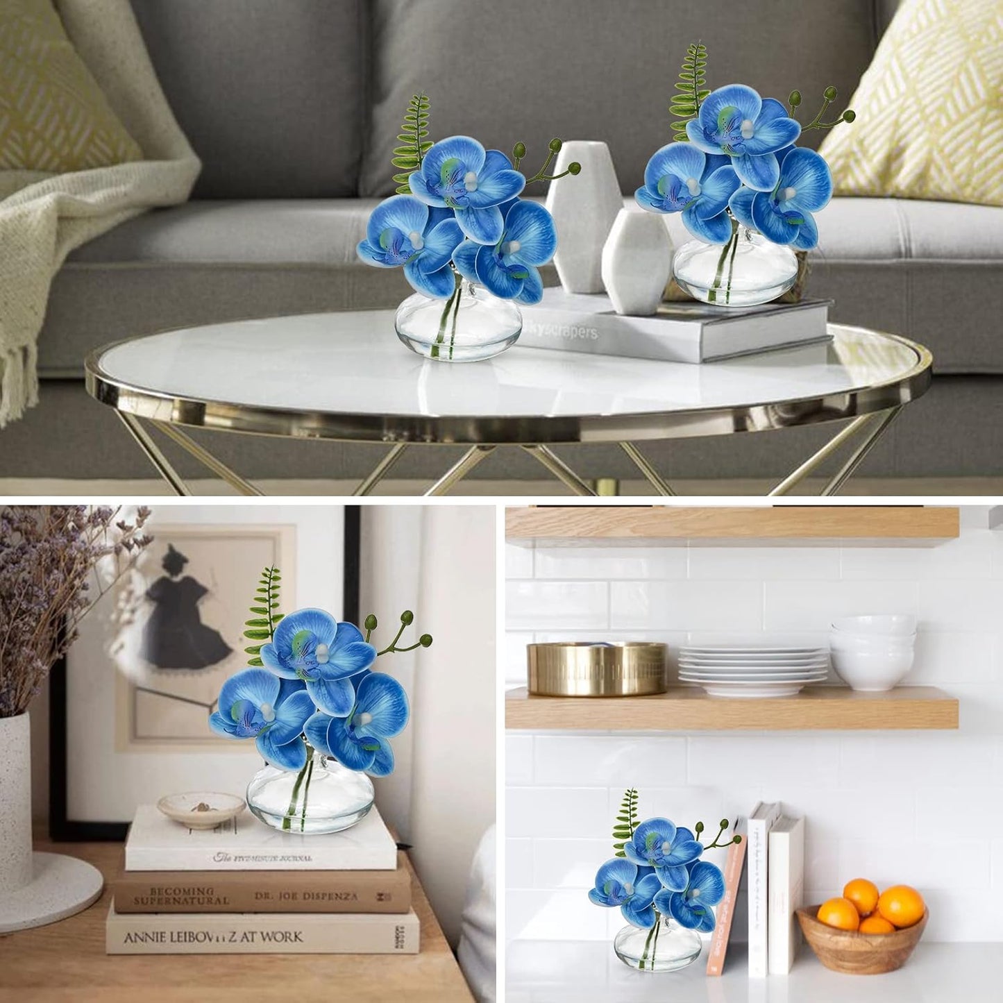 Blue Orchids Artificial Flowers Faux Orchids Arrangement in Clear Glass Vases Set of 3 Real Touch Phalaenopsis Orchid Flowers Small Fake Orchid Centerpiece for Dining Room Table