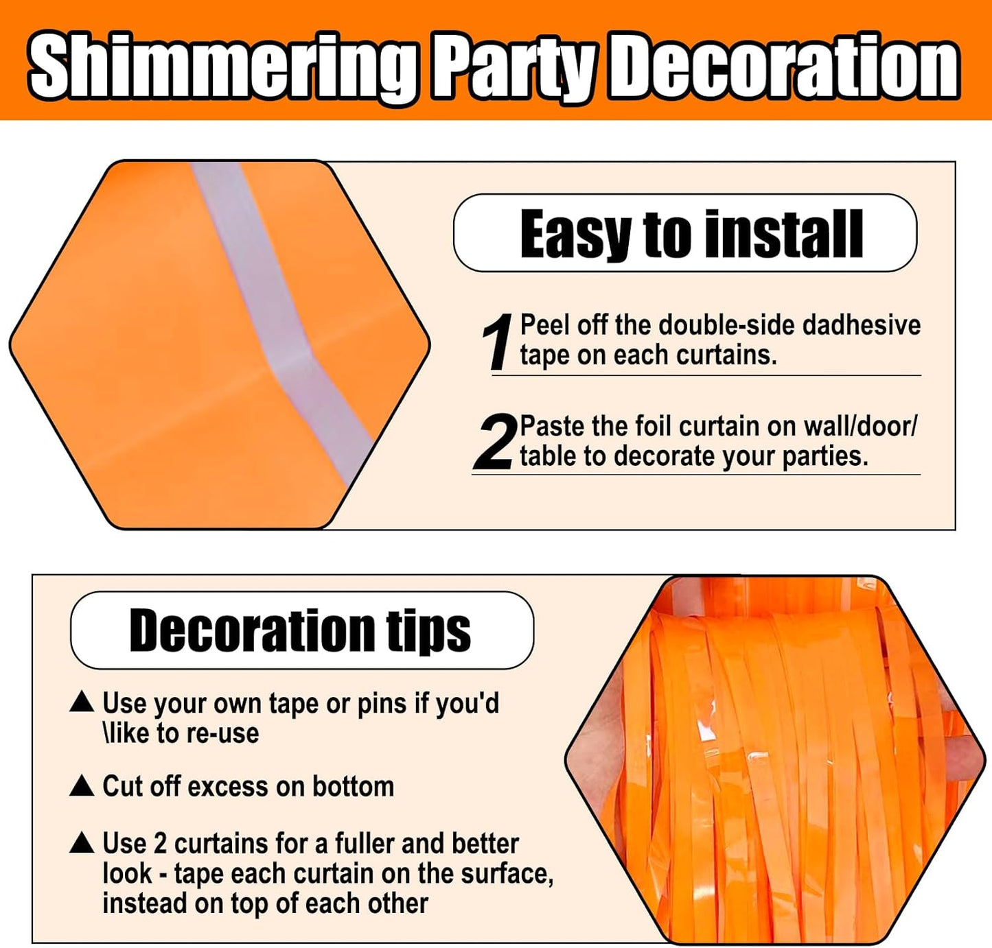 3 Pack Macaron Orange Foil Fringe Curtain Backdrop, 3.28Ft x 8.2Ft Metallic Tinsel Foil Fringe Streamer Curtains for Photo Booth, Mother's Day, Easter, Birthday, Wedding Party Decorations