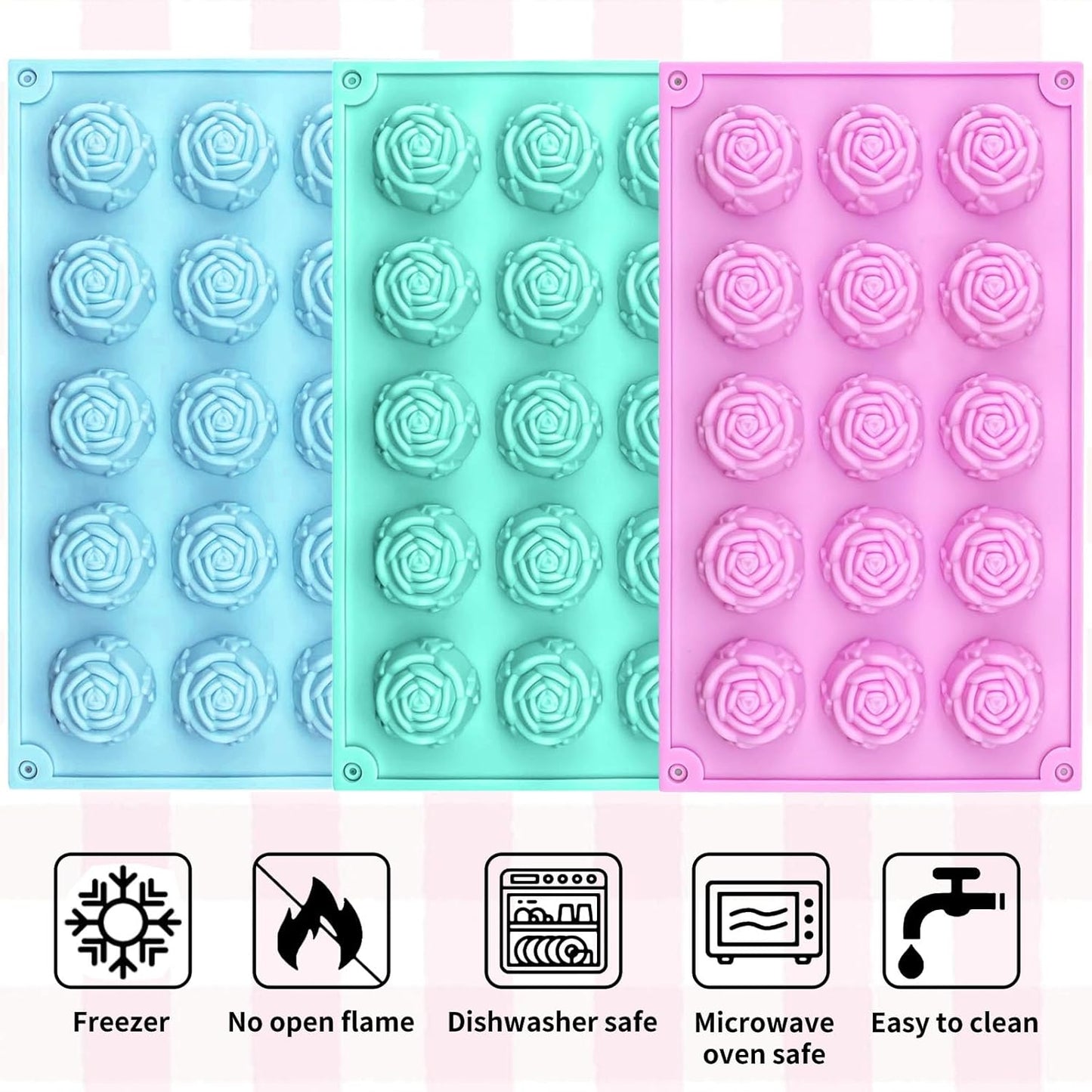 Rose Silicone Molds 45-Cavity Rose Fondant Mold Flower Cake Resin Mold Candy Chocolate Ice Cube Fondant Molds Kitchen Baking Tools for Sugarcraft Cake Decorating