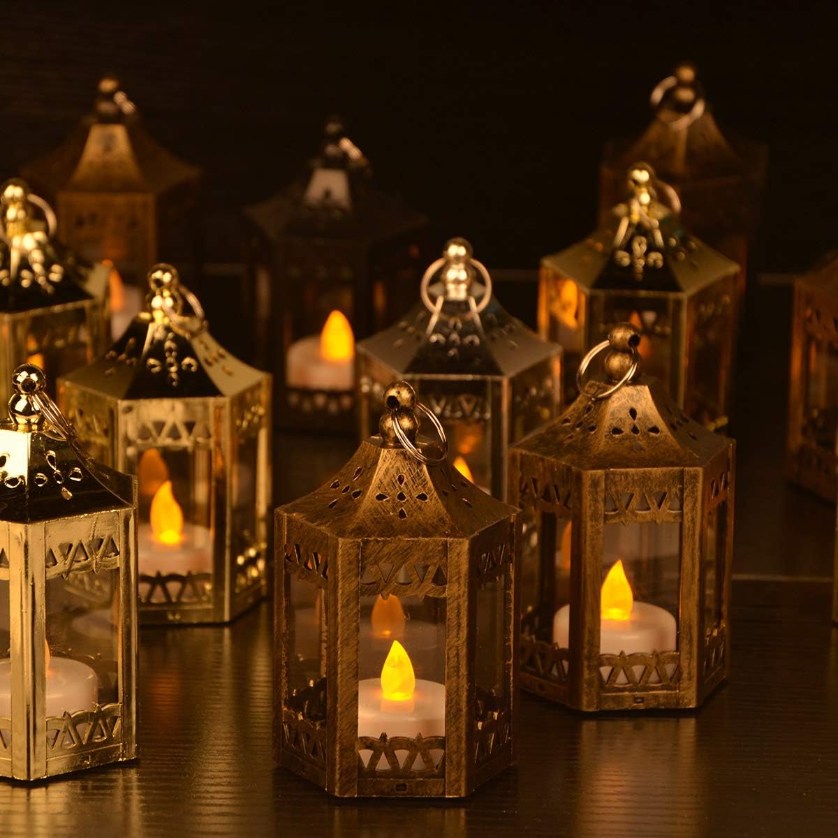 zkee Mini Star Lanterns with Flickering LED, Battery Included, Decorative Hanging Lanterns for Christmas & Indoor Use (Set of 8, Golden Brushed)