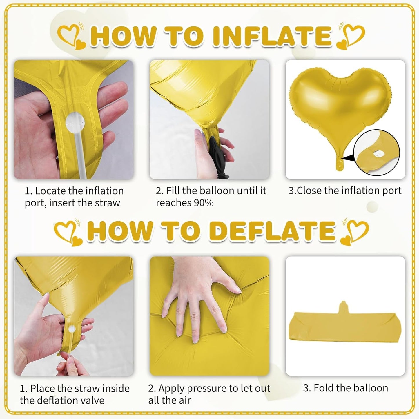 24 Inch Gold Heart Balloons, Prom Love Heart Balloons, Metallic Gold Helium Balloon for Valentines Day Bridal Shower Anniversary Wedding Birthday Party Decorations