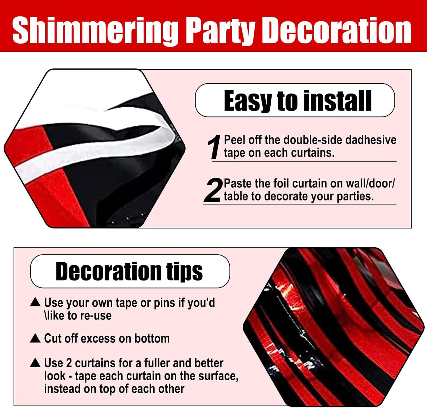 3 Pack Black Red Foil Fringe Curtain Backdrop, 3.28Ft x 8.2Ft Metallic Tinsel Foil Fringe Streamer Curtains for Photo Booth, Christmas Day, New Year, Wedding Party Decorations