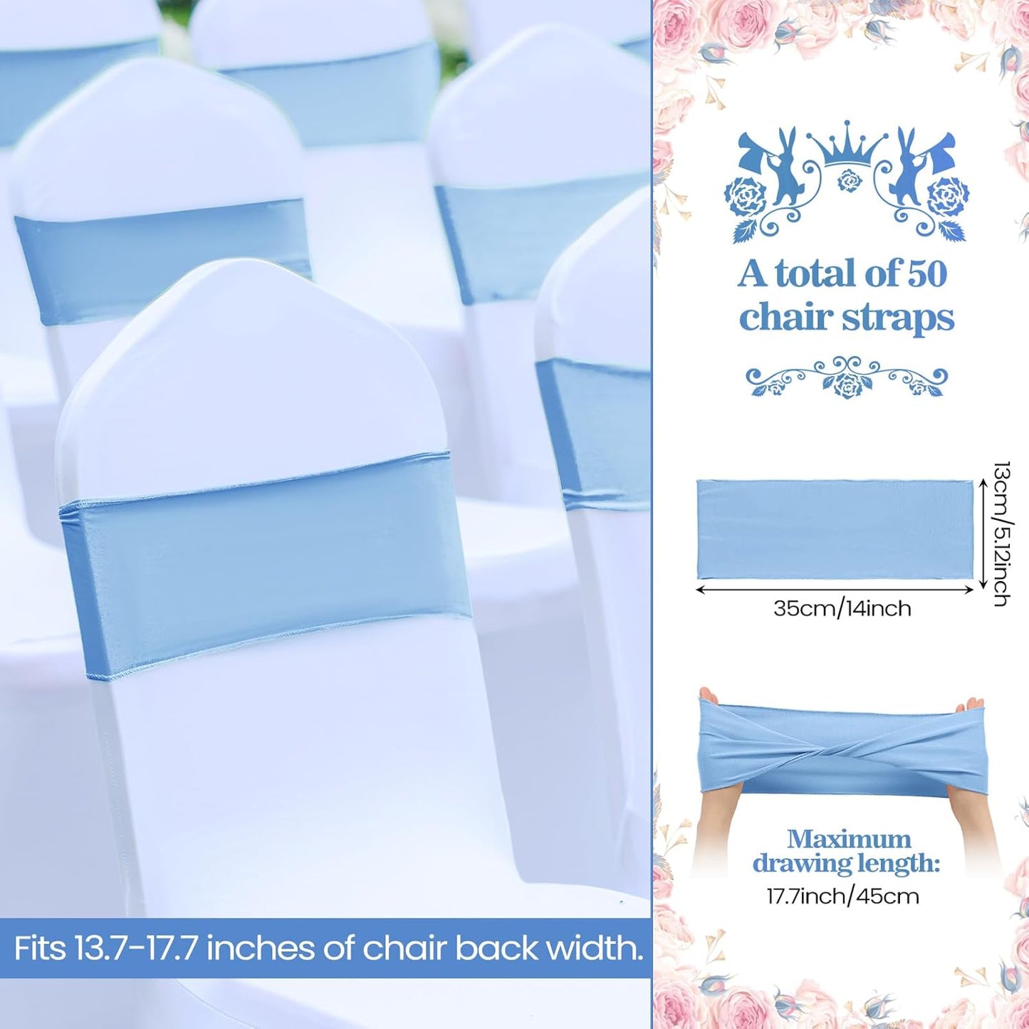 Kinlop 50 Pcs Spandex Chair Sashes Bows Chair BandB0C3V282KGs Slider Sashes for Covers Elastic Bands Ties Without Buckle Decorations for Wedding Party Events Ceremony Birthday(Sky Blue)