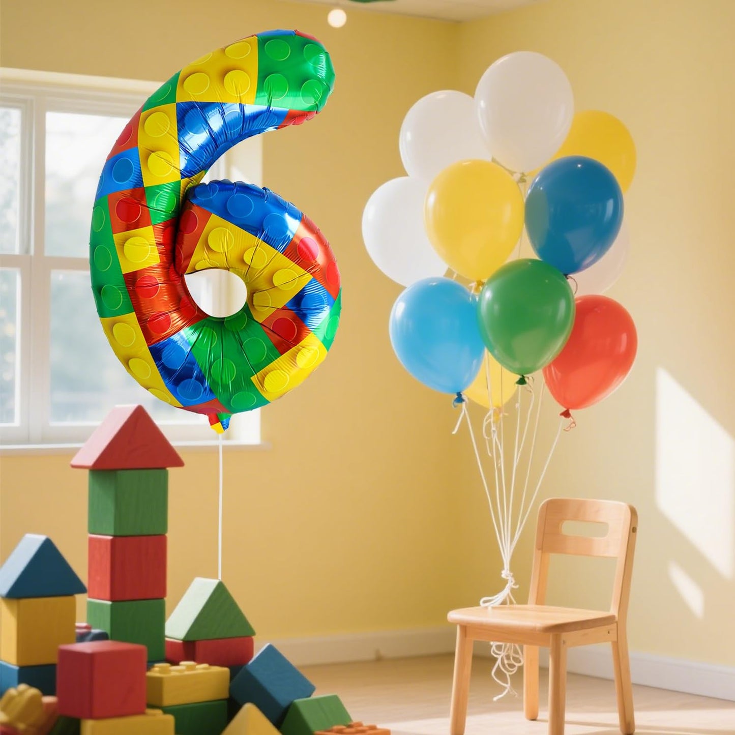 32 Inch Stackable Block Number Balloon – Colorful Brick Building Themed Big Helium Digits for Kids Birthday Party Decorations (Building Block, Number 6)