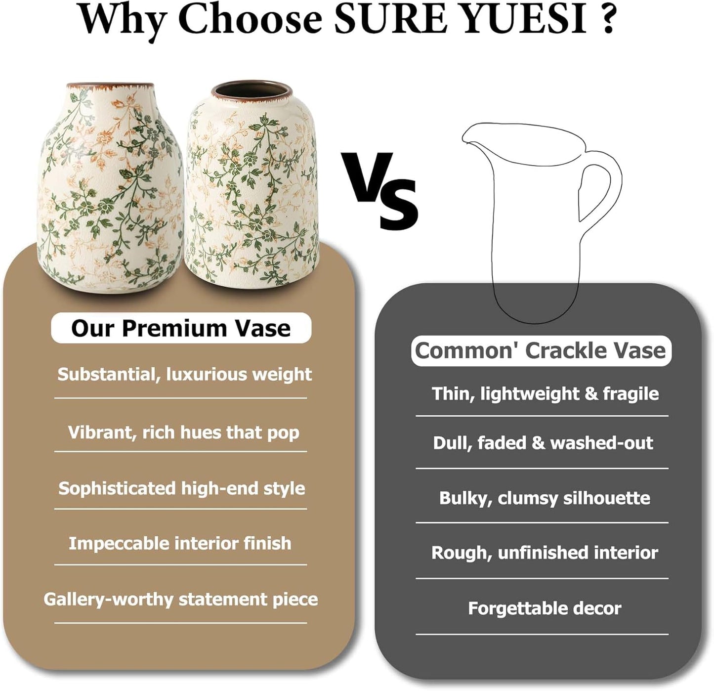 Green and White Vintage Vase with Handle, Chinoiserie Floral Pitcher Vase, Rustic Ceramic Farmhouse Vases for Home Decor, Living Room, Bookshelf, Office, Grand Millennial Decors, Tuscan Decor 7.9 Inch