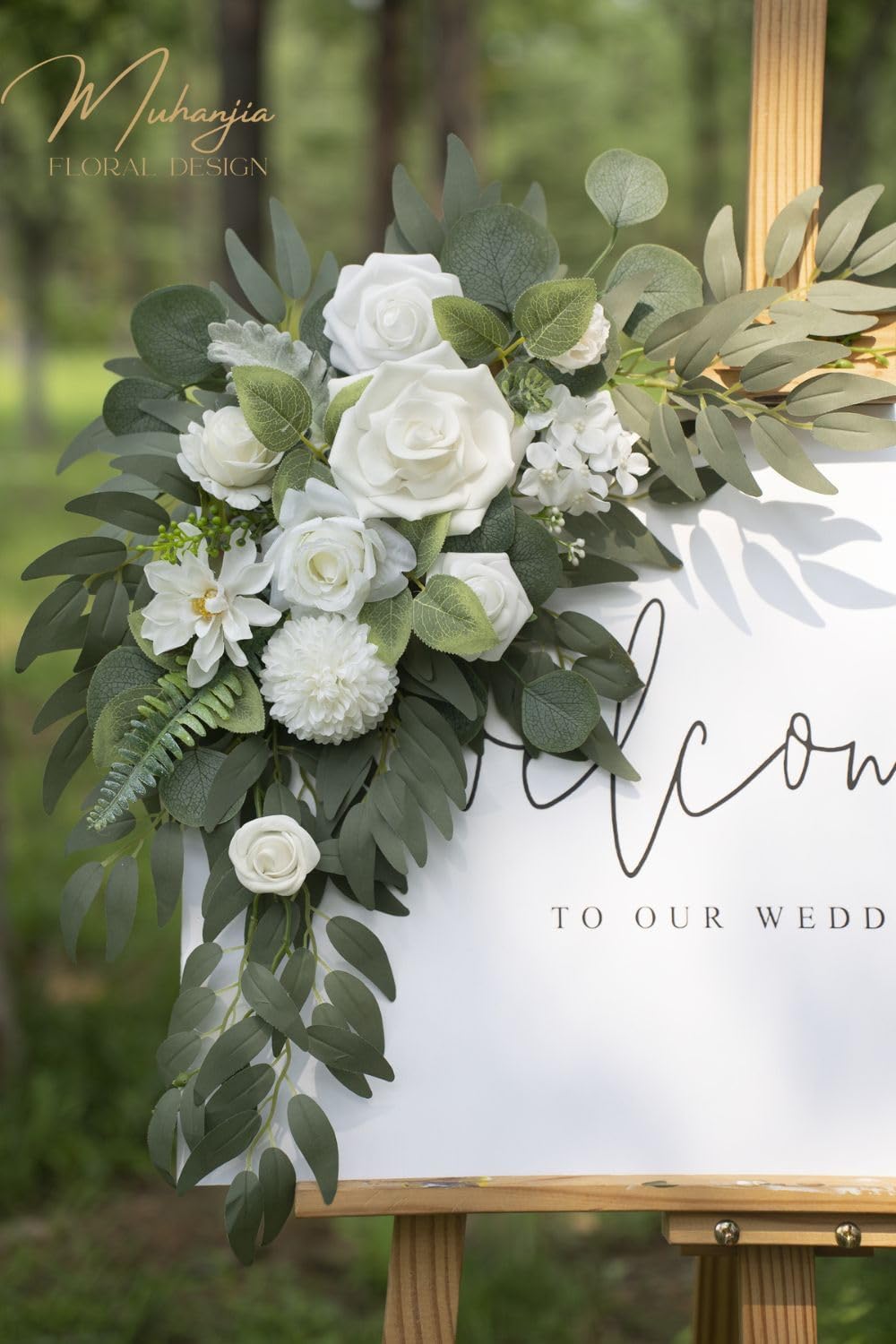 Wedding Sign Faux Flower Swag (Pack of 2) for Ceremony Party Reception Entrance Floral Decor Wall Easel Stand for Wedding Poster Welcome Sign (Natural White)