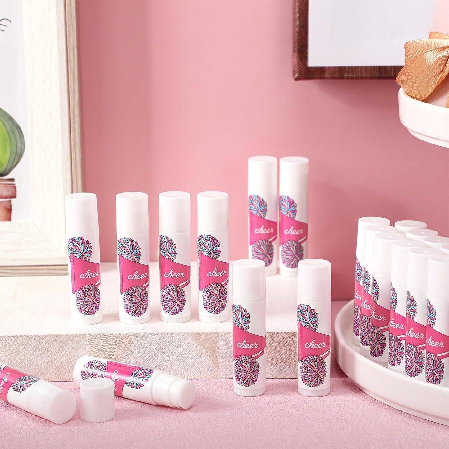 24 Pcs Cheer Lip Balm Cheer Teams Camp Gifts Pom Pom Leaders Party Favors Gear Lip Balm Mom Gift for Competitive Party Guest Supplies(Pink)