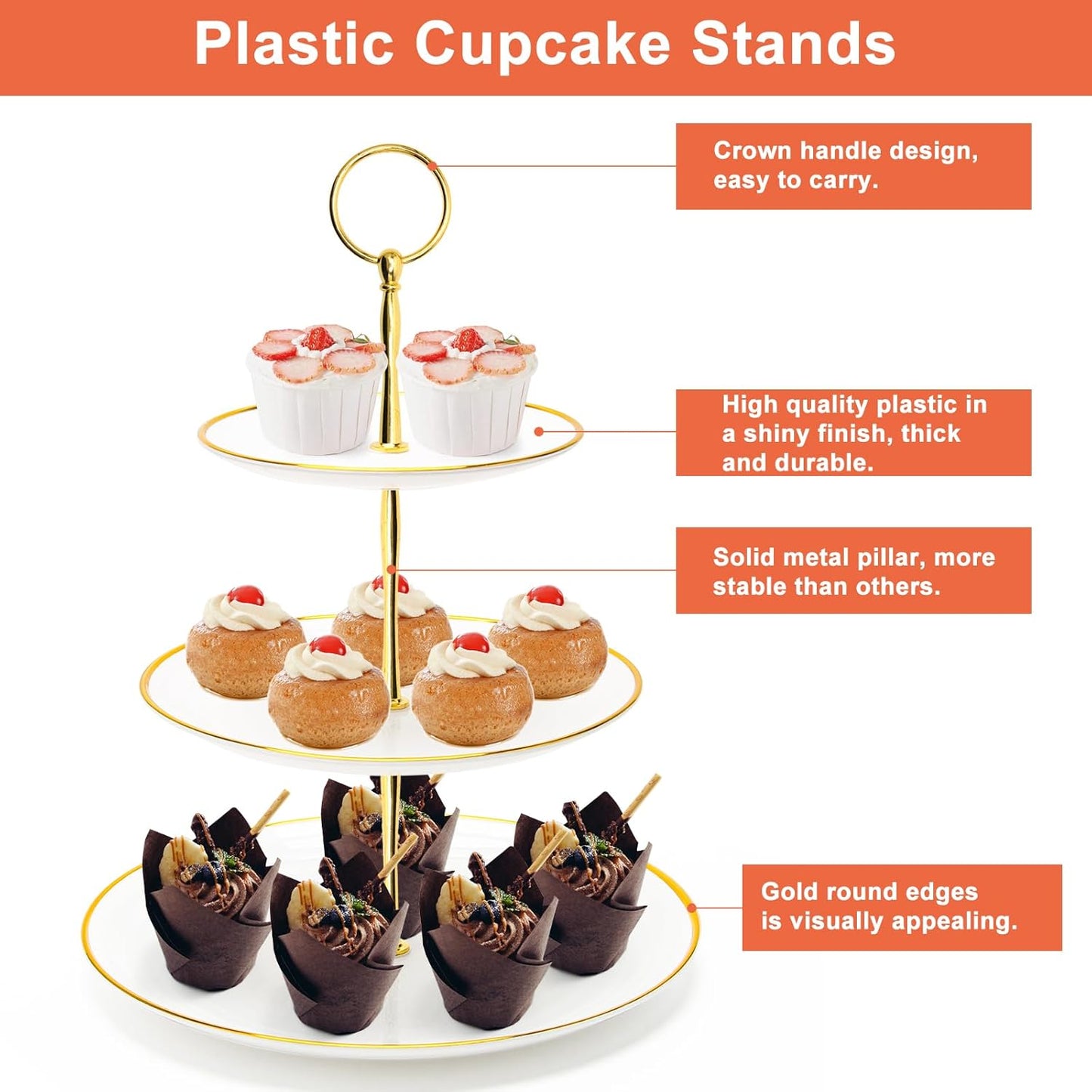 Coitak 3 Tier Cupcake Stand, Plastic Tiered Serving Stand, Dessert Tower Tray for Tea Party, Baby Shower and Wedding (Round-gold edge)