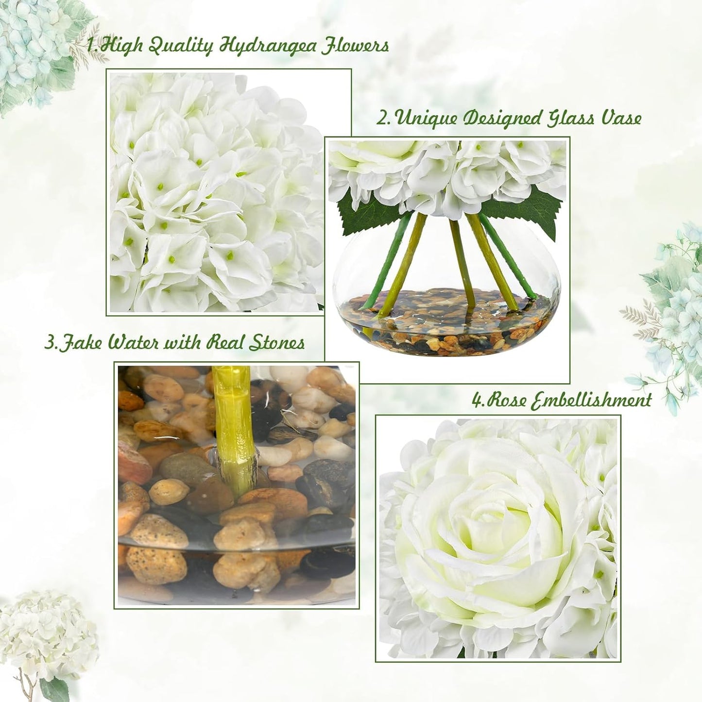 N&T NIETING Artificial Hydrangea Flowers with Vase White Fake Flowers with Rose Faux Hydrangea Flowers with Faux Water Real Stone for Home Office Table Room Wedding Centerpiece Decorations