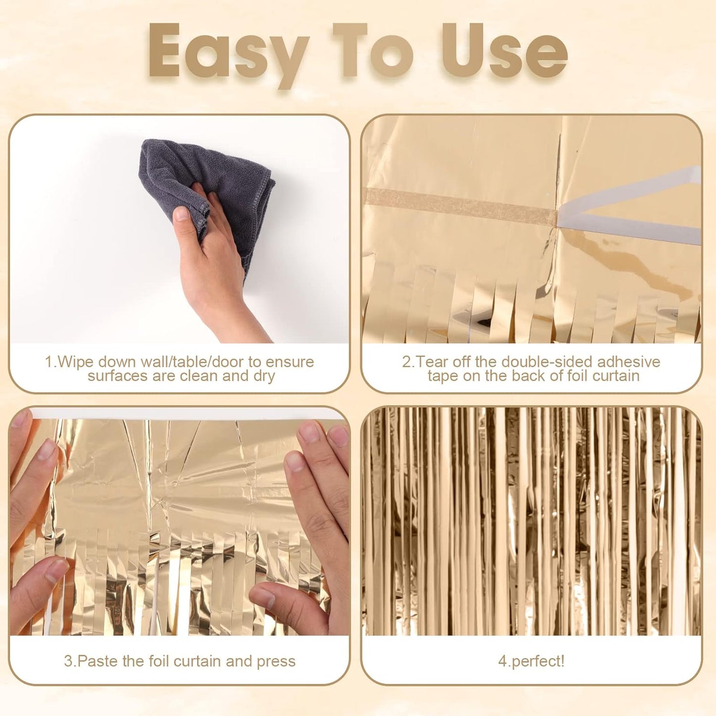 2 Pack Champagne Foil Fringe Backdrop Curtains, Tinsel Streamers Birthday Party Decorations, Fringe Backdrop for Anniversary, New Years, Birthday Party