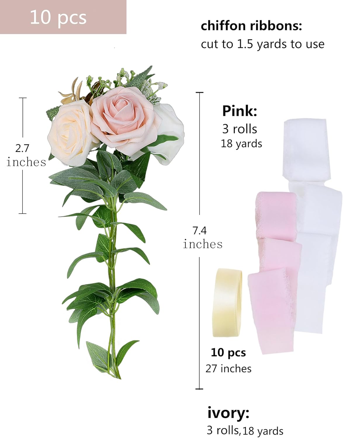 Meldel Wedding Chair Decorations Set of 10 Aisle Artificial Flowers White Pink Rose Garland with Hanging Ribbons for Ceremony Reception Church Pew Arrangement Party Wedding Aisle Decor