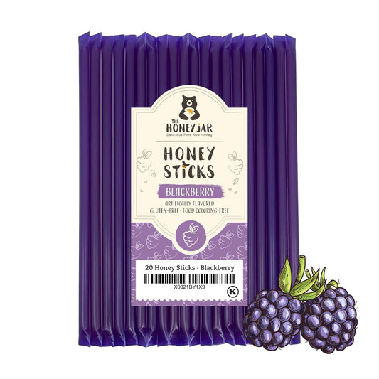 The Honey Jar Blackberry Flavored Honey Sticks - Pure Honey Straws For Tea, Coffee, or a Healthy Treat - One Teaspoon of Flavored Honey Per Stick - Made In The USA with Real Honey - (20 Count)