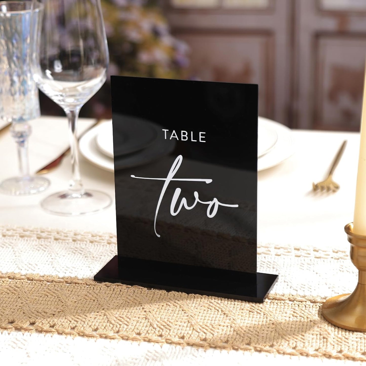 UNIQOOO Black Wedding Double Sided Table Numbers with Stands 1-15 set, 5x7'' Acrylic Signs with Holders and Printed Calligraphy, Seat Display Wedding Decor Perfect for Centerpiece, Reception