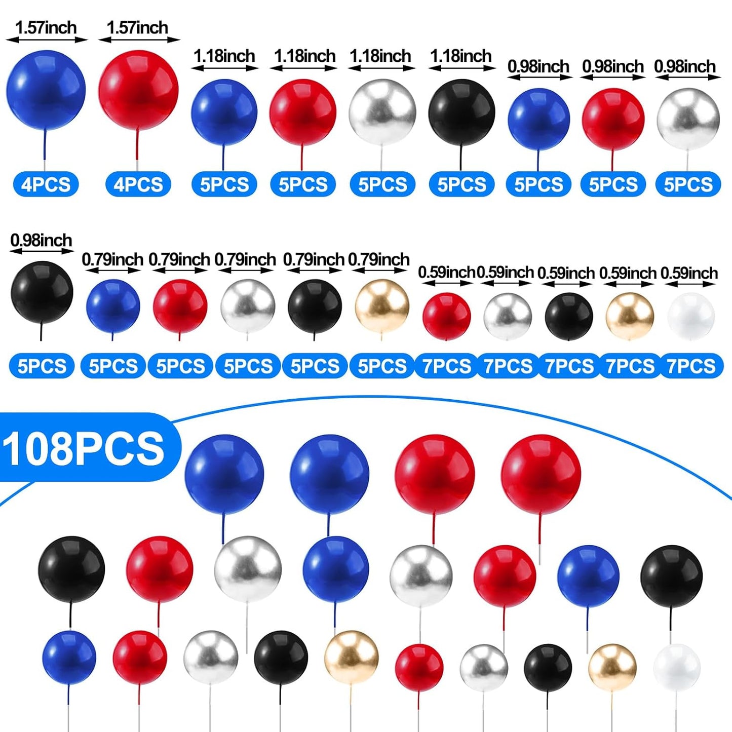 108 Pcs Balls Cake Topper DIY Cupcake Insert Foam Balloons for Cake Baking Wedding Anniversary Birthday Decoration(Blue, Red, Black,Multi Sizes)