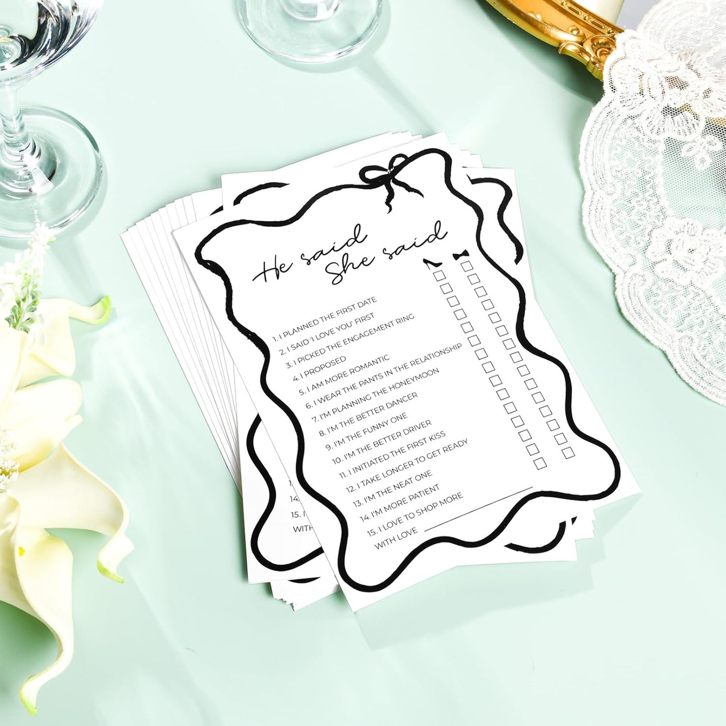 DEEKA 30 PCS Bridal Shower Games Card for 30 Guests Black Wavy Border Ribbon Bow Funny Wedding Bachelorette Party Games for Reception (He Said She Said)