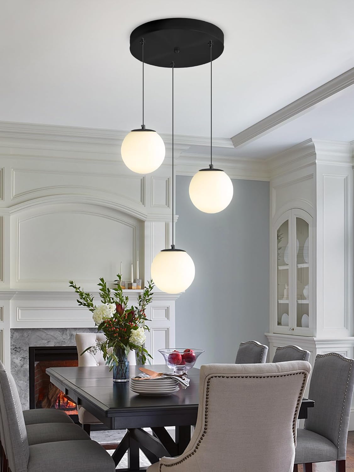 3-Lights Globe Glass Pendant Light Modern White Globe Glass Chandelier Mid Century Chandelier Black Hanging Fixture for Kitchen Island Foyer Hallway Dining Room