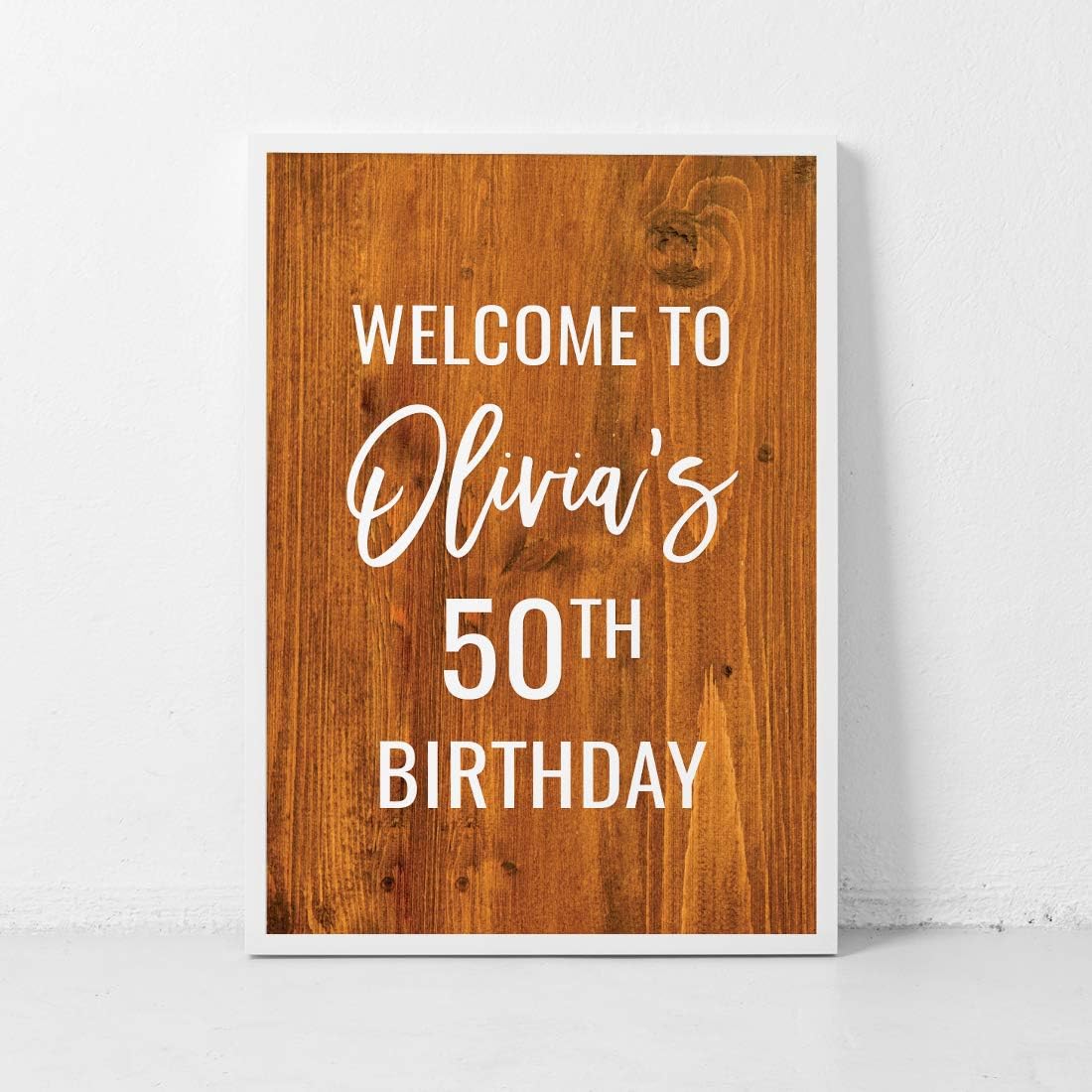Andaz Press Personalized Extra Large Birthday Easel Board Party Sign, 12x18-inch, Rustic Barn Wood, Welcome to Olivia's 50th Birthday, 1-Pack, Custom Name Age