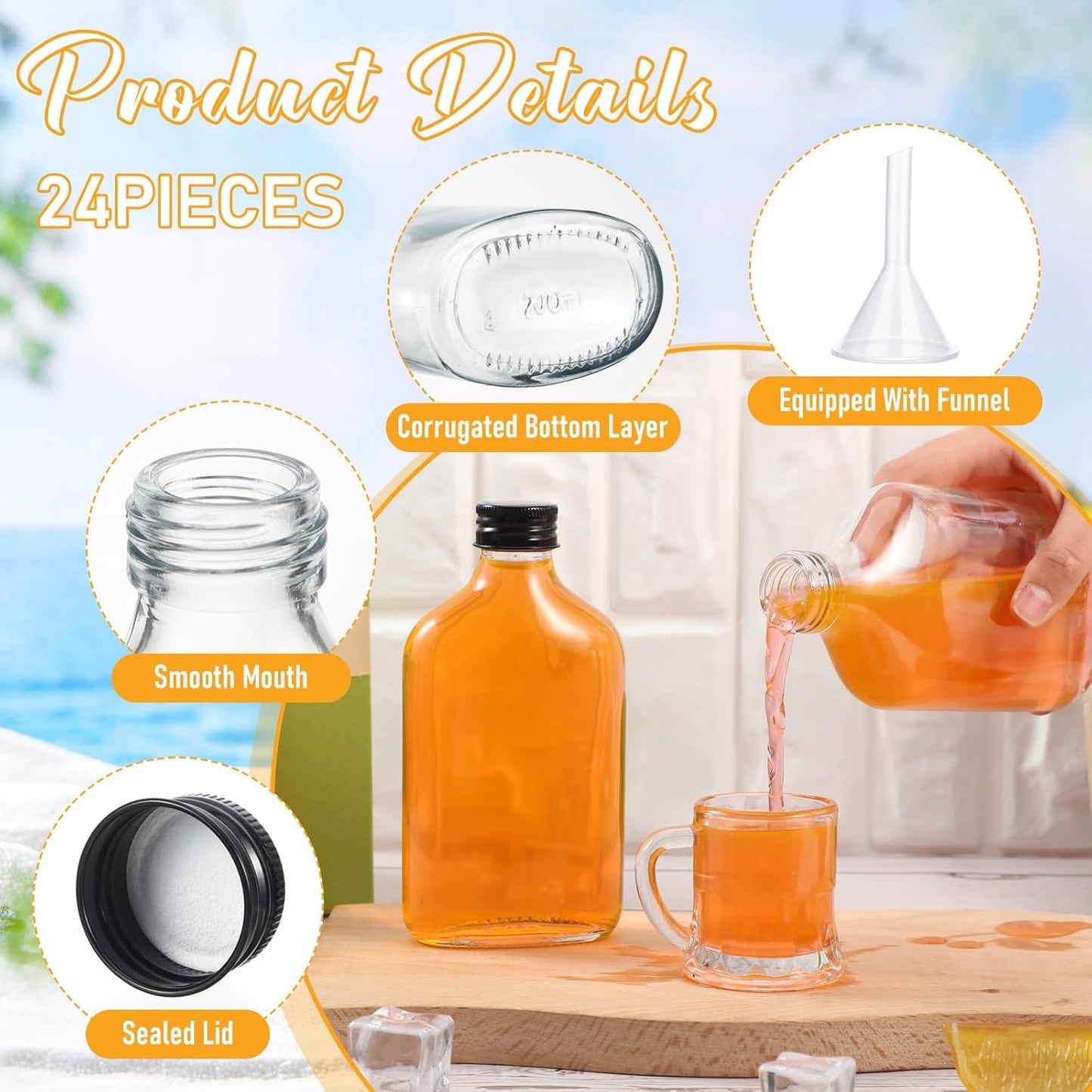 Gejoy 24 Pcs Mini Liquor Bottles Reusable Glass Flask Bottles with Black Caps Clear Empty Alcohol Shot Jars Small Champagne Jars with 4 Funnels for Wine Weddings Party Favors Christmas(6.8 oz)