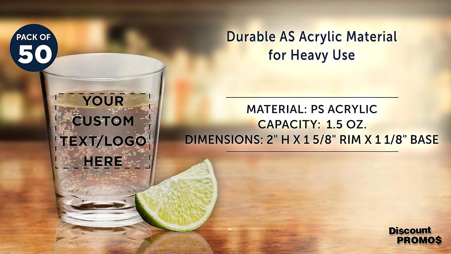 DISCOUNT PROMOS Custom Translucent Plastic Shot Glasses 1.5 oz. Set of 50, Personalized Bulk Pack - Acrylic, Great for Wedding, Party, Birthday, Gifts - Clear