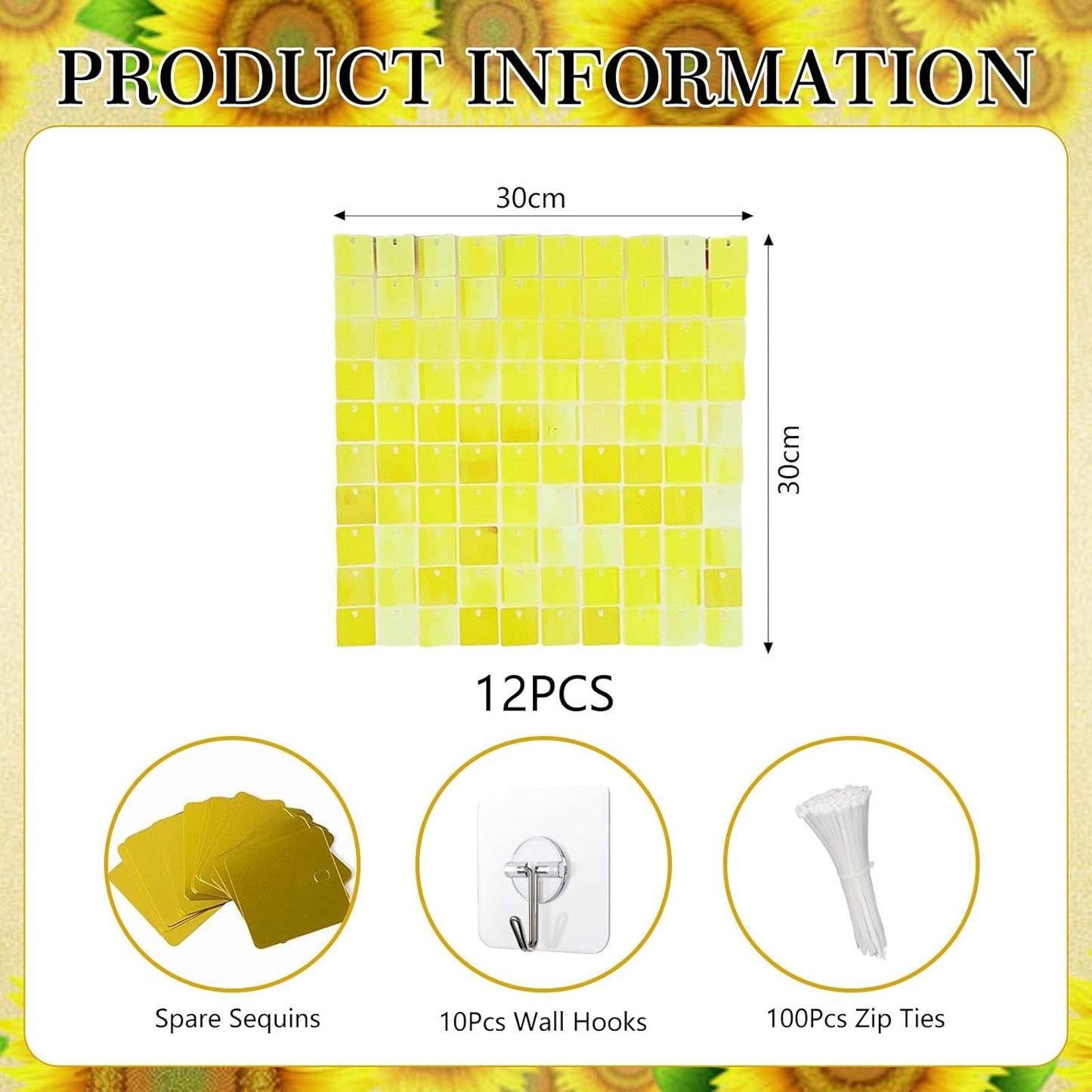 12PCS Colorful Yellow Shimmer Wall Backdrop, Square Sequin Photo Backdrops Panel, Glitter Wall Background for Birthdays, Weddings, Christmas, Engagements, Disco Bachelorette Party Decor (3FTx4FT)