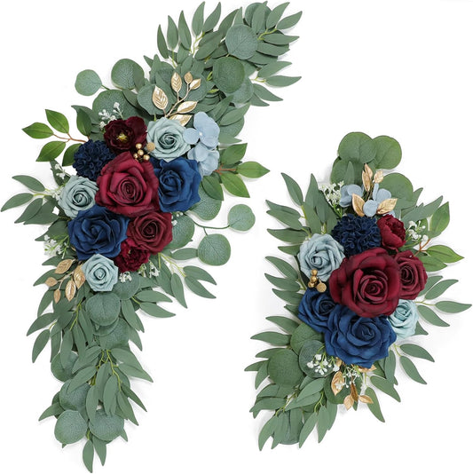 Artificial Navy Blue and Burgundy Wedding Arch Flower Swags Set of 2 for Welcome Signs, Reception and Ceremony Decorations - Navy Blue Floral Decor