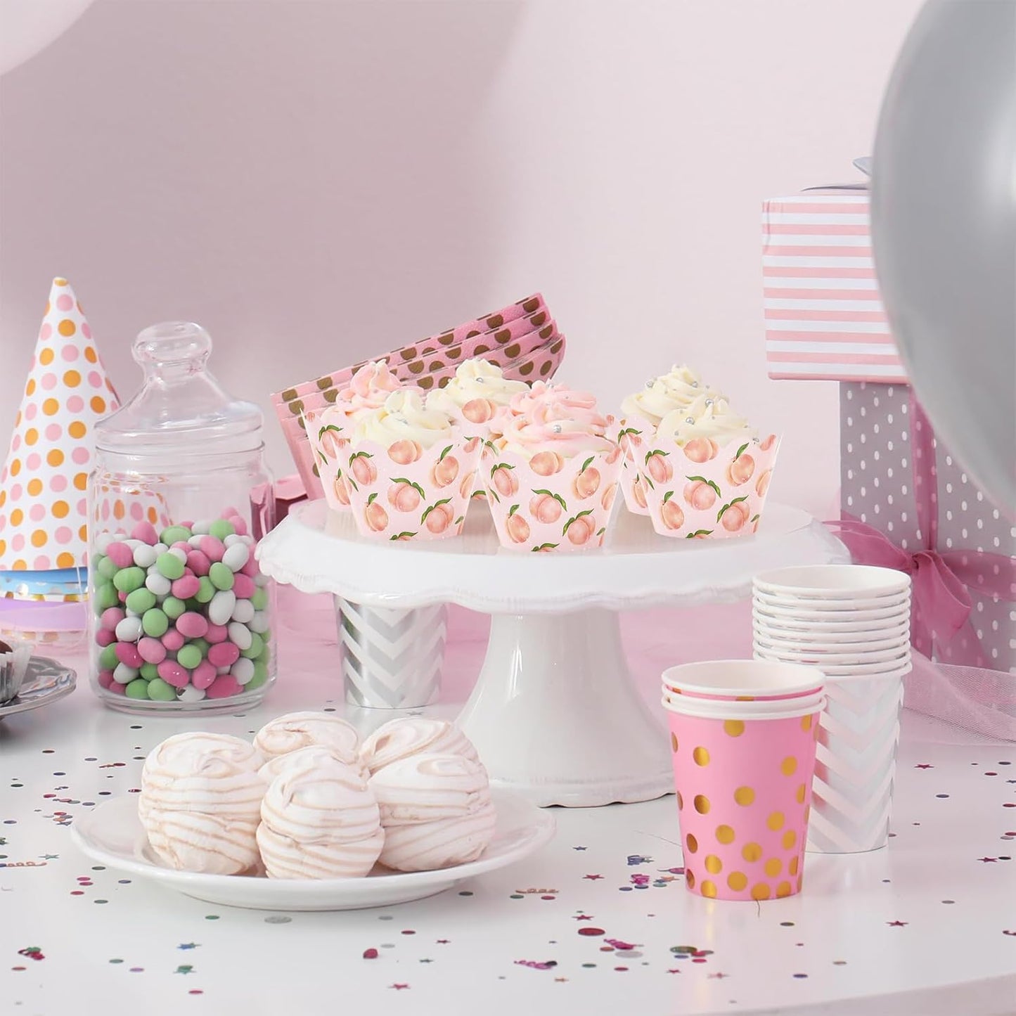 Whaline 36Pcs Peach Cupcake Wrappers Watercolor Pink Peach Cupcake Liners Decorative Cupcake Holders for Summer Baby Shower Party Cake Decoration