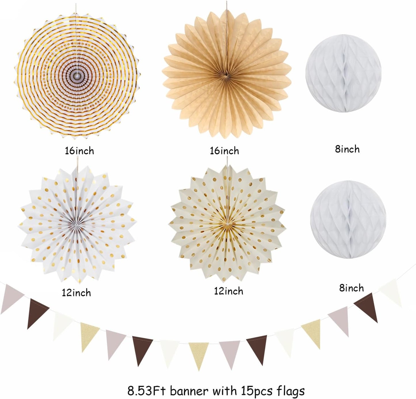 Boho Baby-Shower White-Brown Champagne Party-Decorations - 20pcs Neutral Rustic Paper Lanterns Fans,Tissue Pom Poms,Honeycomb Balls,Bunting,Birthday Wedding Bridal Christmas Fall Autumn Decor Burgleda