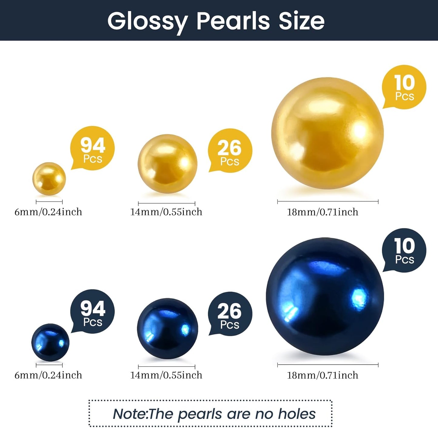 260Pcs Navyblue&Gold Glossy Beads for Centerpiece Decor, Artifical Pearls Vase Filler, No Hole Round Pearl Beads for Wedding Birthday Christmas Party Home Decor(18mm 14mm 6mm)
