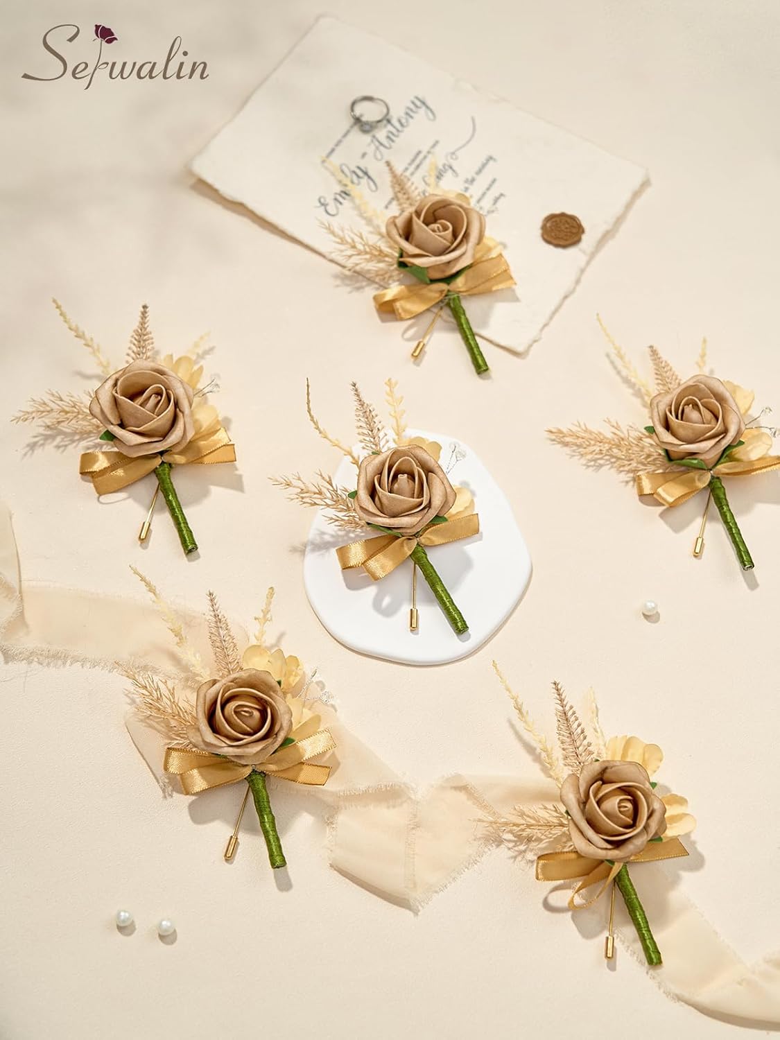 Serwalin 10Pcs Boutonniere for Men, Khaki Groom and Best Man Boutonniere, Artificial Flowers for Wedding Decor, Prom, Homecoming, Ceremony Anniversary, Formal Dinner Party