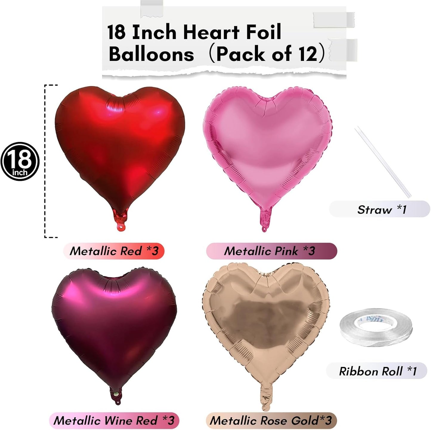 Wine Red Heart Balloons, 18 Inch 12 Pcs Burgundy Red and Pink Foil Heart Balloons Red and Rose Gold Heart Shape Mylar Balloons Party Decoration for Birthday Wedding Valentines Anniversary