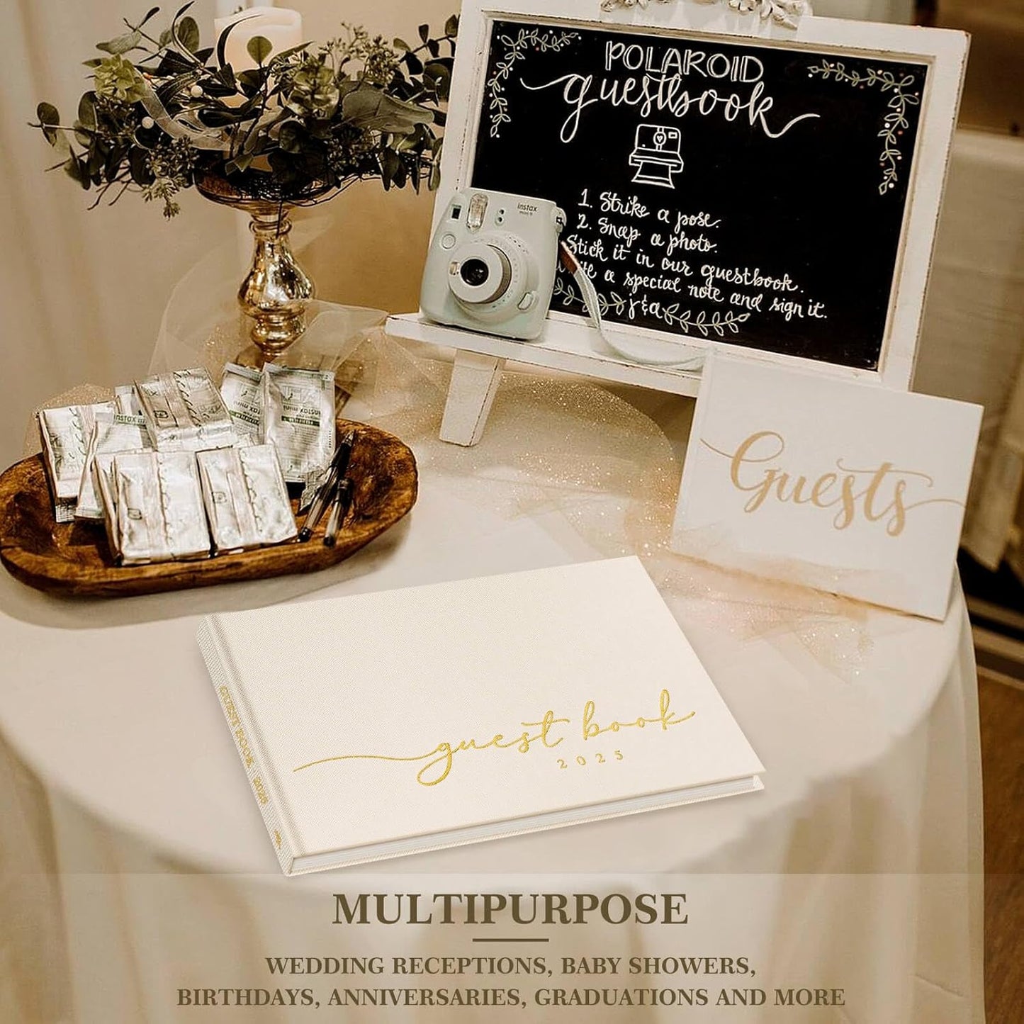 Lanpn Wedding Guest Book 2025 - Linen Hardcover Polaroid Guestbook Wedding Reception for Sign in and Photos - 108 Blank Pages Guest Book for Bridal Shower Baby Shower Wedding Party (Cream)