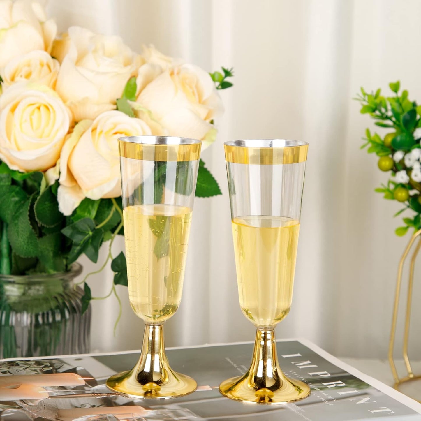 I00000 Gold Champagne Flutes 50 PACK, 5 Oz Disposable Champagne Glasses, 2-Piece Plastic Toasting Glasses for Celebration, Wedding or Parties