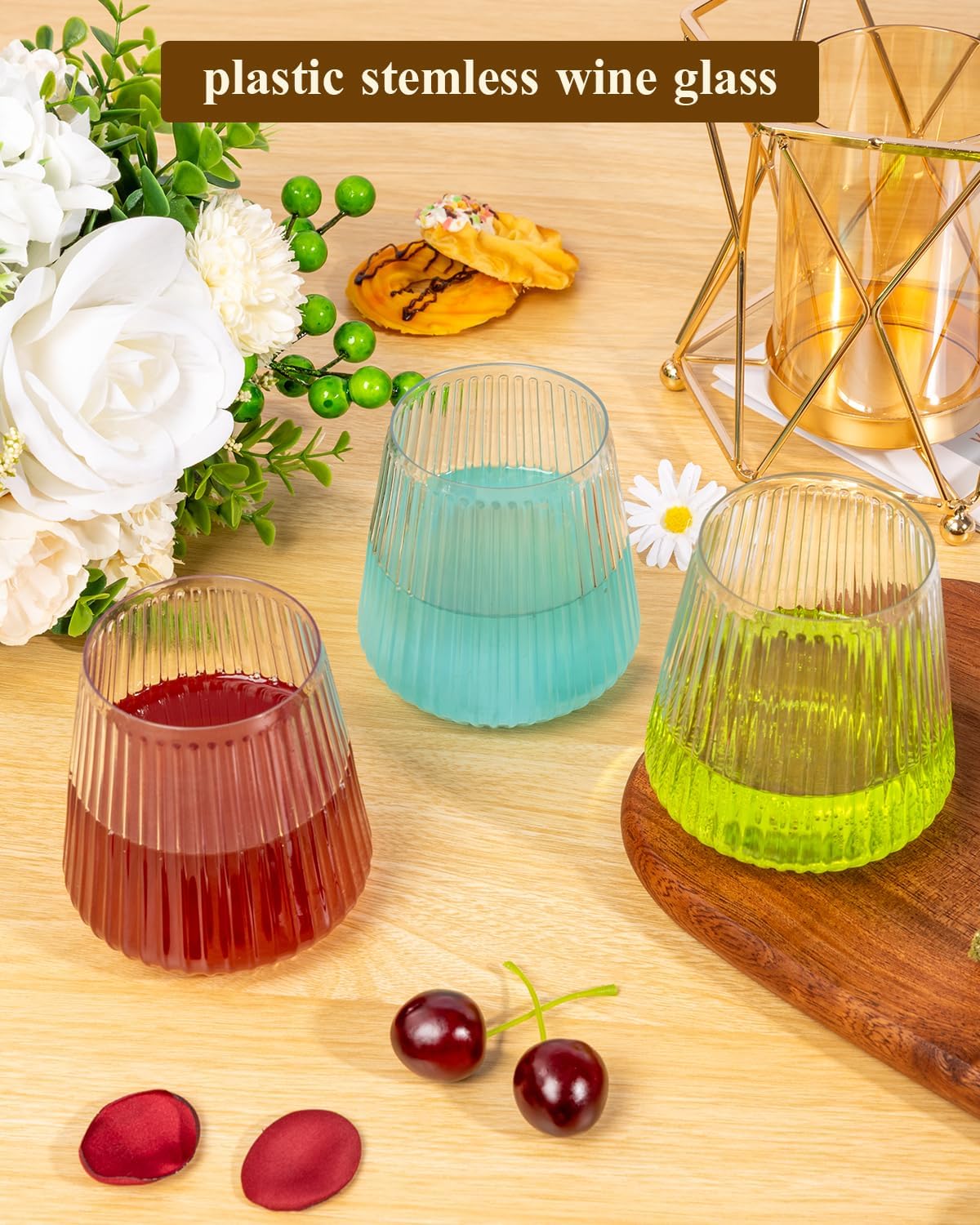 Goodluck 36 Pack 12oz Stemless Plastic Wine Glasses – Clear Ribbed Cups, Elegant Reusable Disposable Drinkware for Weddings, Parties, Bars, Indoor and Outdoor Events