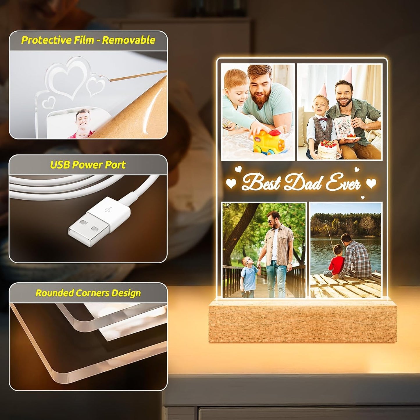 Best Dad Ever Gifts, Custom Collage Picture Frames with Night Light, Customized Acrylic Plaque Photo Frame, Personalized Birthday Photo Gifts for Dad, Baby, Kids, Family