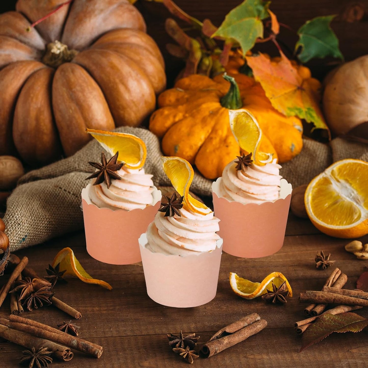 Whaline 120Pcs Orange Paper Baking Cups Scalloped Edge Cupcake Wrappers Gradient Orange Cupcake Muffin Cases for Fall Thanksgiving Party, 3 Colors