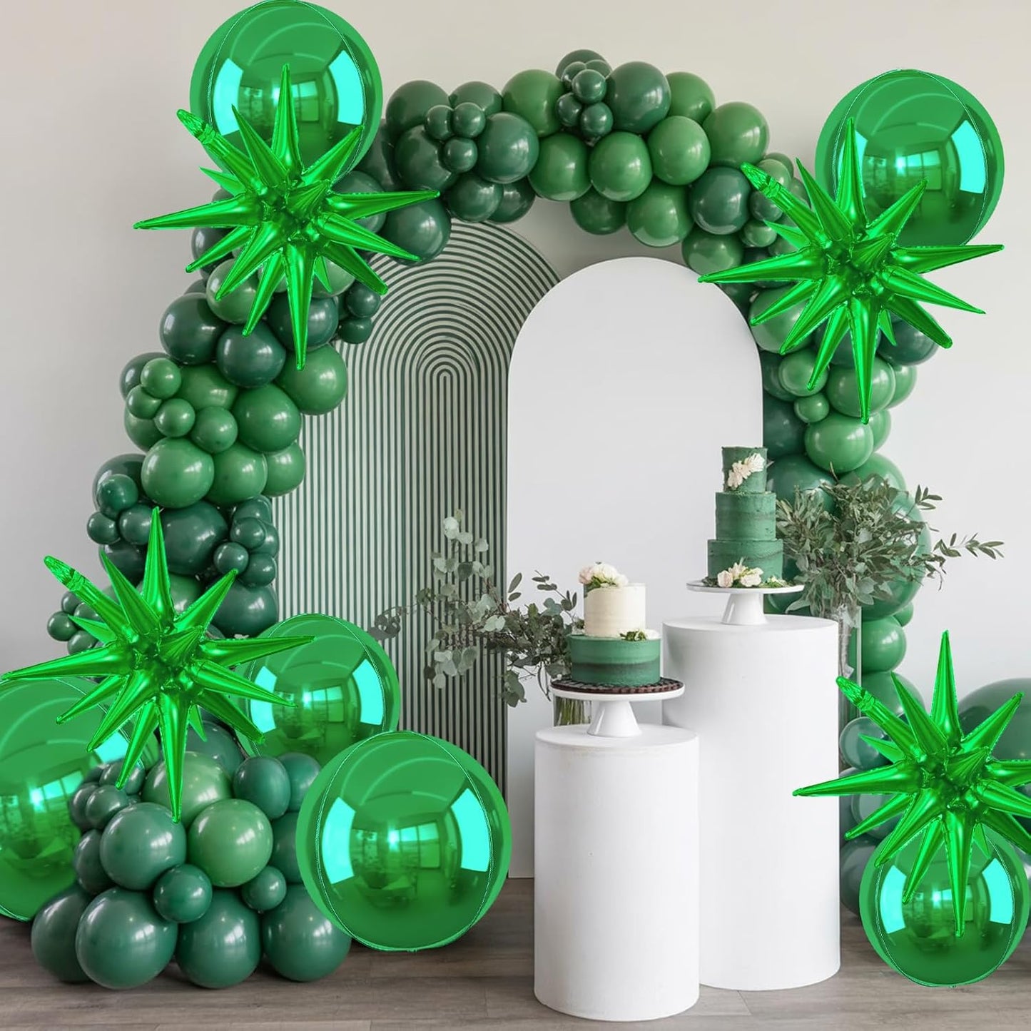 6Pcs Green Foil Balloons,22Inch Dark Green 4D Round Ball Balloon and Explosion Star Balloon for Halloween Birthday Wedding Baby Shower Anniversary Party Decorations