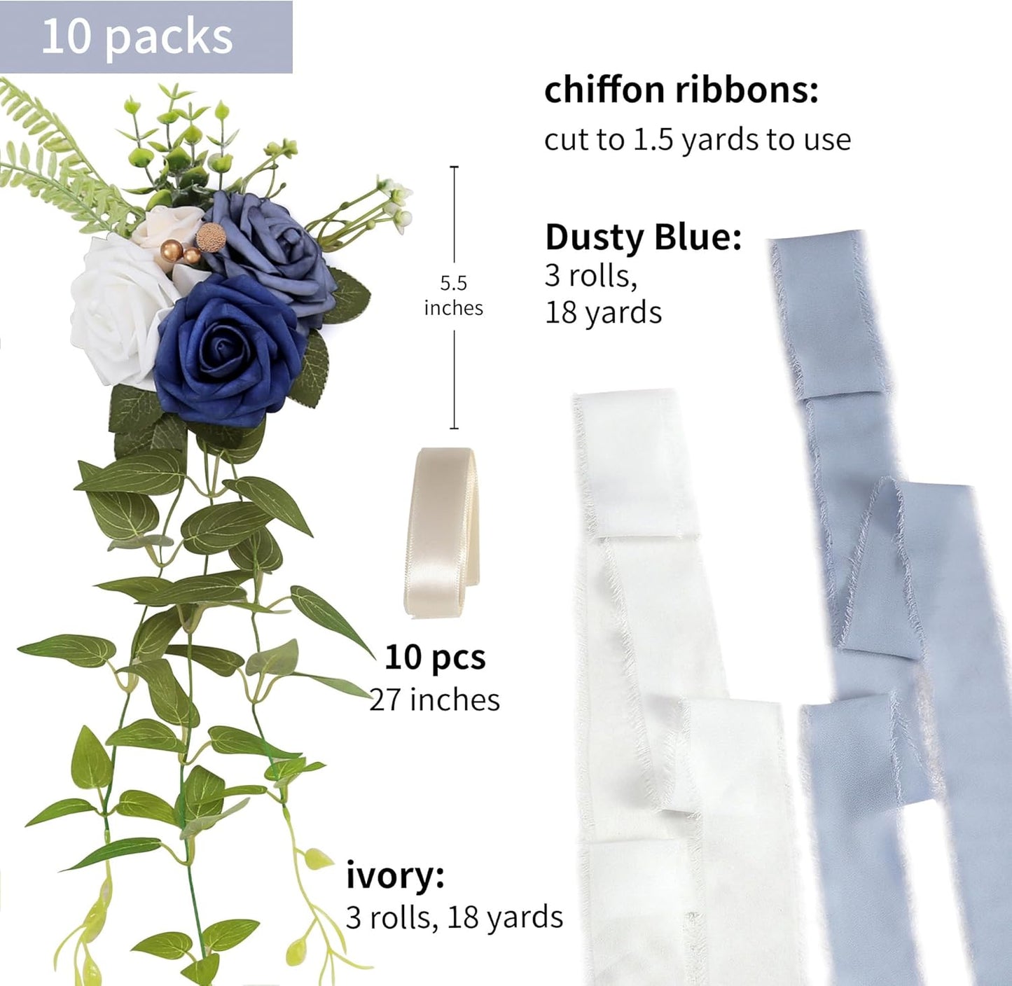 DORIS HOME Wedding Chair Decorations Blue Pew Flowers Set of 10 for Wedding Ceremony Party Aisle Decor with Artificial Flowers Eucalyptus and Ribbons