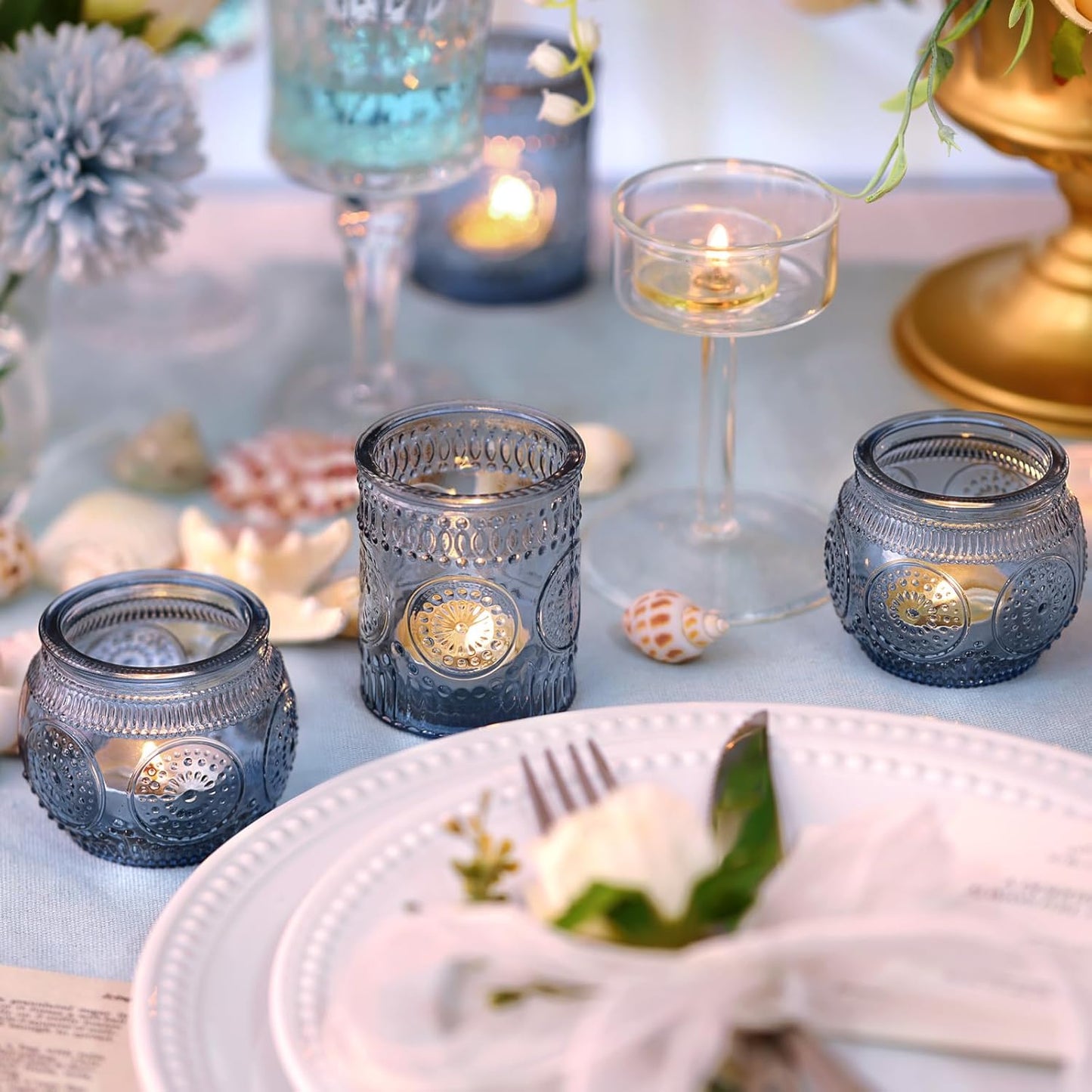 DARJEN 24 Pcs Blue Vintage Candle Holders - Bulk Glass Holders for Party & Wedding Decoration
