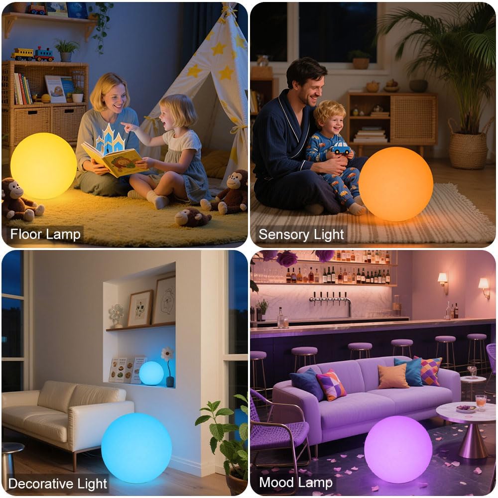 16 In Cordless LED Glowing Ball Light, LED Globe Orb Night Light w/Remote,16RGB Color Changing Waterproof Light Up Ball Rechargeable Indoor/Outdoor Mood Lamp for Nursery Garden Patio Party Bar Decor.