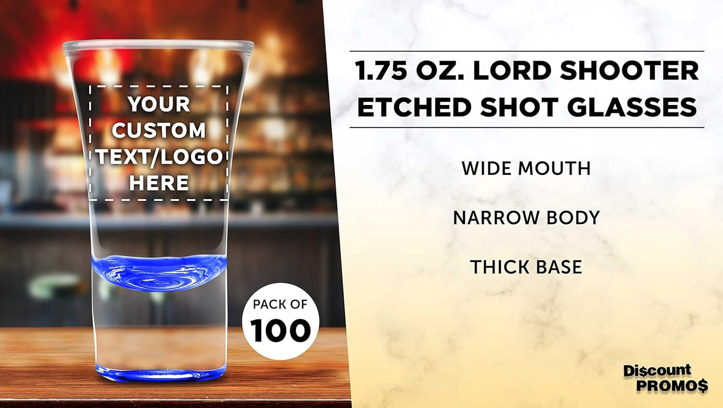 Custom 2 oz. Lord Shooter Etched Shot Glasses, 100 pack, Personalized Text, Logo, 21st Birthday Party, Lounge Glassware, Blue