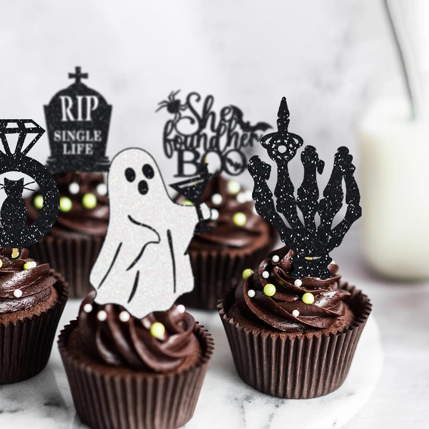 Halloween Bachelorette Cupcake Topper She Found Her Boo Rip Single Life Miss To Mrs Ring Cat Skull Finger Engagement Party Decorations White