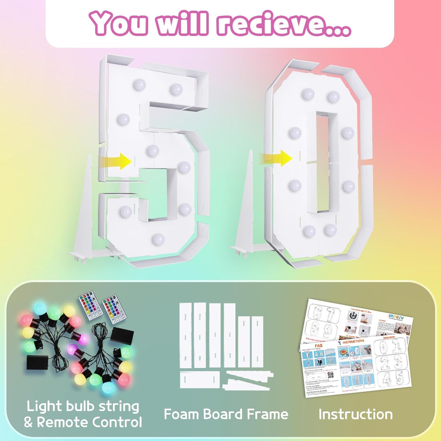 Marquee Numbers 50th-Birthday Decoration: Colorful 3FT Large Light Up 50 Year Old Birthday Decorations Anniversary Backdrop for Boys Girls Cardboard Sign 18 Colors Number 50 Mosaic Balloon Frame