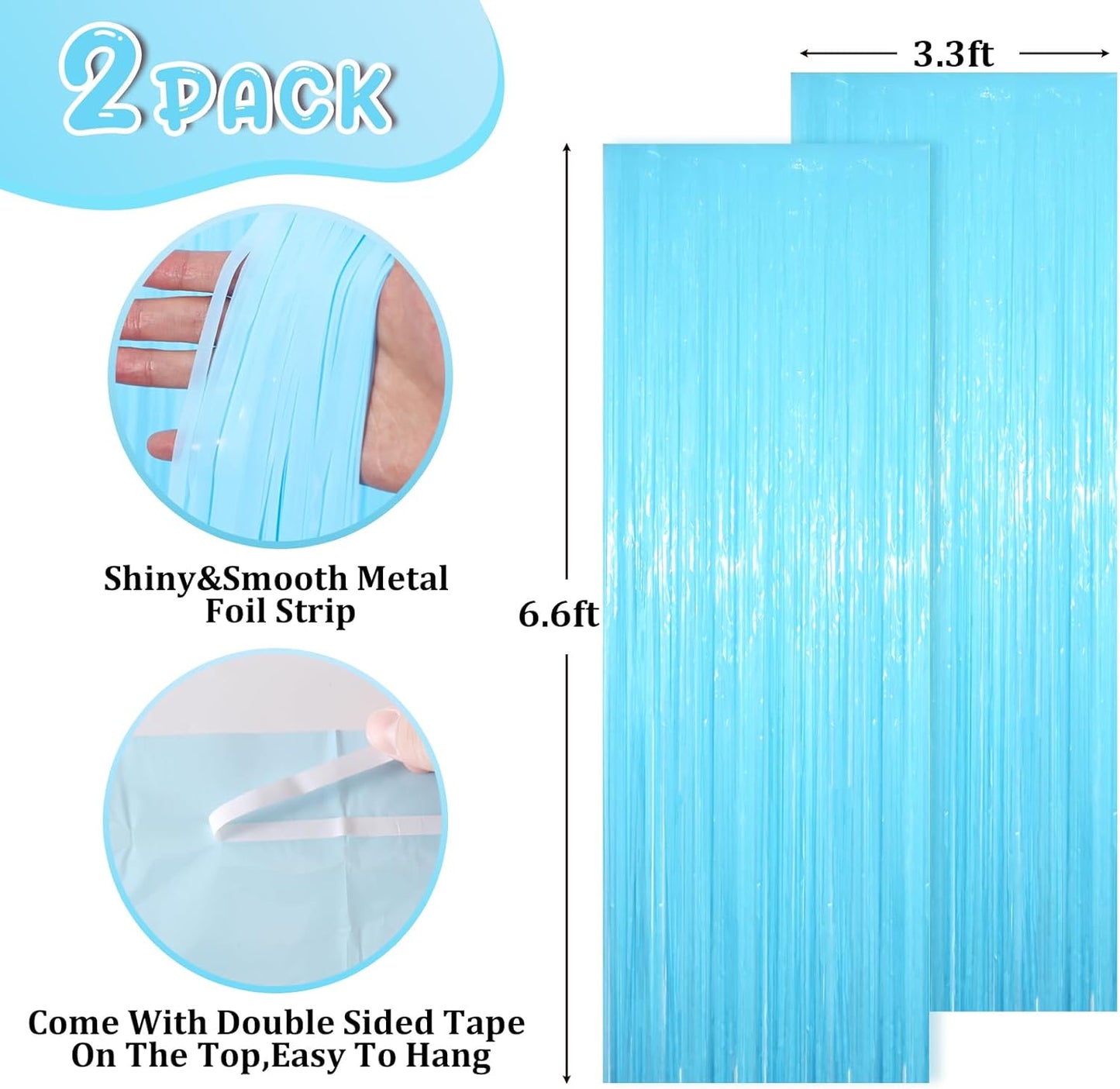 2 Pack Pastel Blue Tinsel Foil Fringe Curtains, Blue Party Decorations, Metallic Tinsel Party Streamers Backdrop for Birthday Baby Shower Gender Reveal Wedding Party Decorations